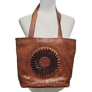 Essamadi Mouhssine Exotic Elegant Rich Brown w/Flower Moroccan Leather Tote Bag